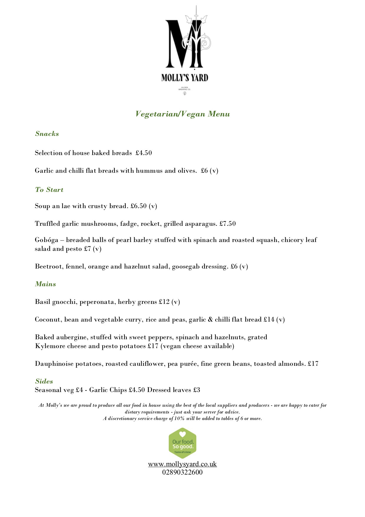 Vegan/ Vegetarian Menu Molly's Yard, Belfast. Far From the Madding Crowd